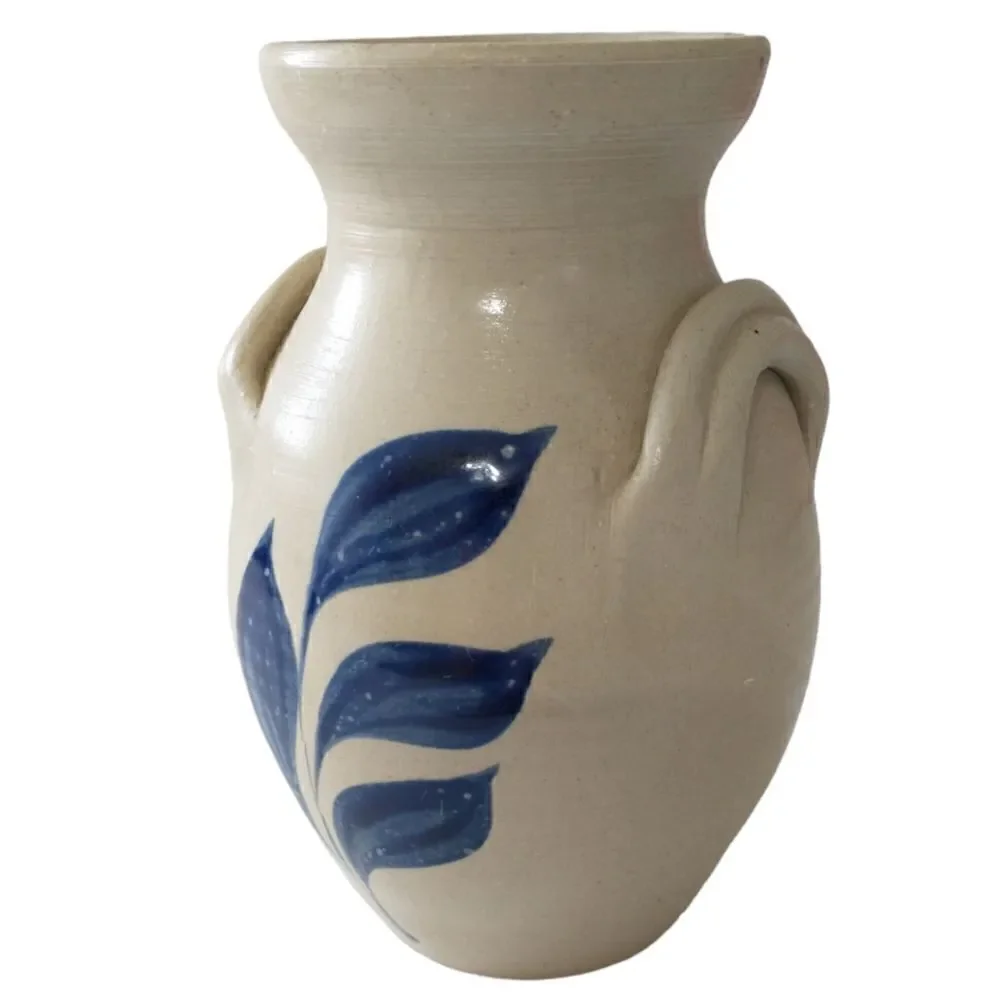 Williamsburg Pottery‎ Vase Two Handled  Blue Leaf Design Spring Summer Flowers.